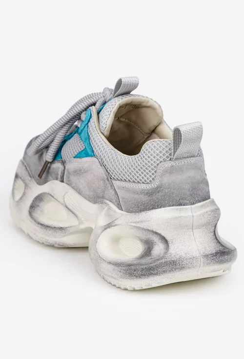 Pantofi dama NUR gri cu bleu din piele intoarsa si material textil