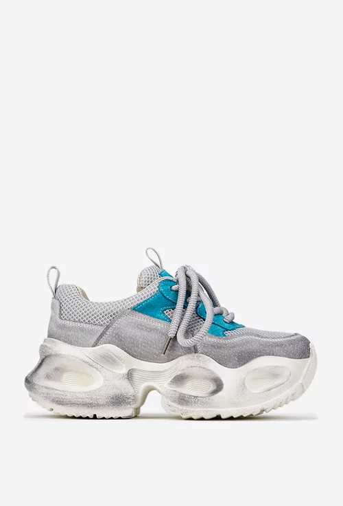 Pantofi dama NUR gri cu bleu din piele intoarsa si material textil