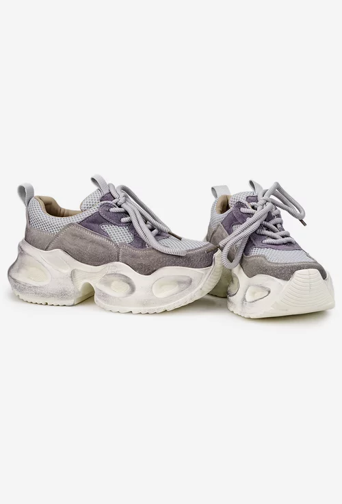 Pantofi dama NUR gri cu mov din piele intoarsa si material textil