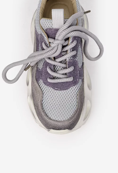 Pantofi dama NUR gri cu mov din piele intoarsa si material textil