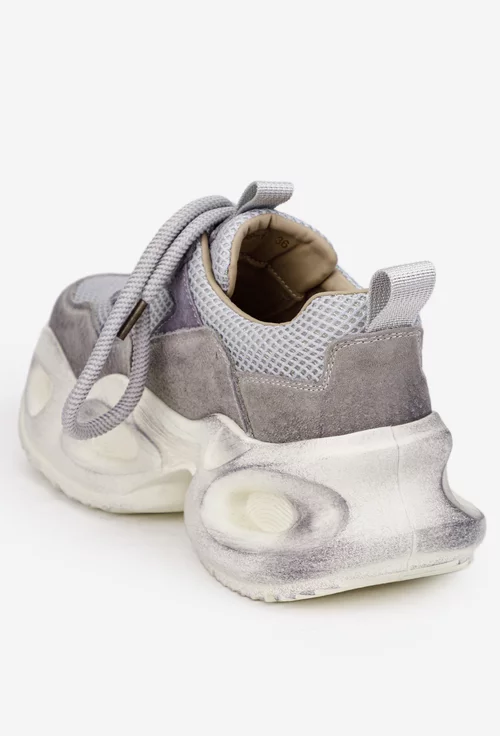 Pantofi dama NUR gri cu mov din piele intoarsa si material textil