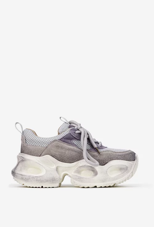 Pantofi dama NUR gri cu mov din piele intoarsa si material textil