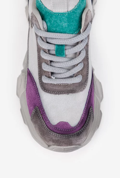 Pantofi dama NUR gri cu mov si verde din piele