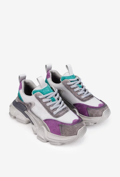 Pantofi dama NUR gri cu mov si verde din piele