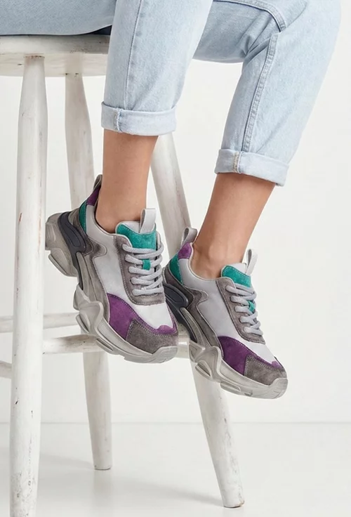 Pantofi dama NUR gri cu mov si verde din piele