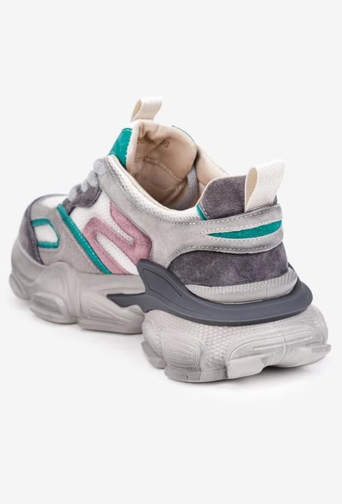 Pantofi dama NUR gri din material textil si piele intoarsa cu detalii colorate