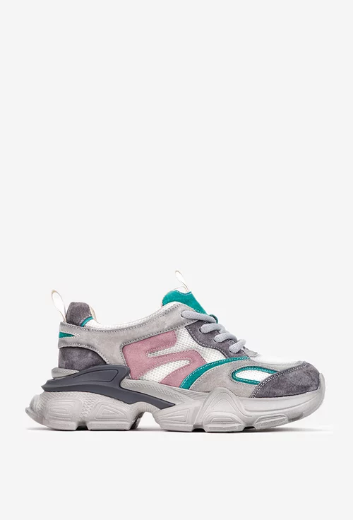 Pantofi dama NUR gri din material textil si piele intoarsa cu detalii colorate