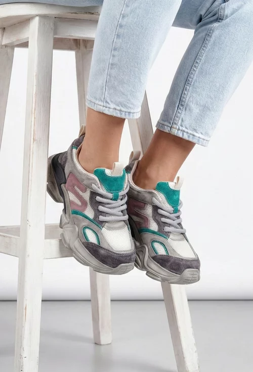 Pantofi dama NUR gri din material textil si piele intoarsa cu detalii colorate