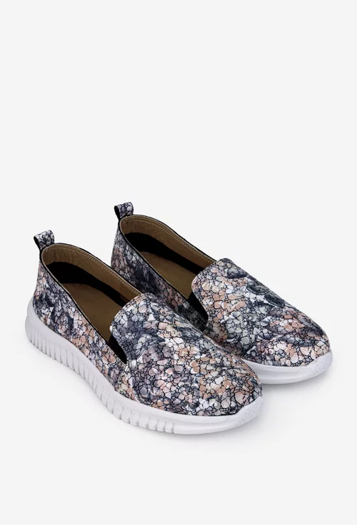 Pantofi dama NUR gri din piele cu imprimeu multicolor