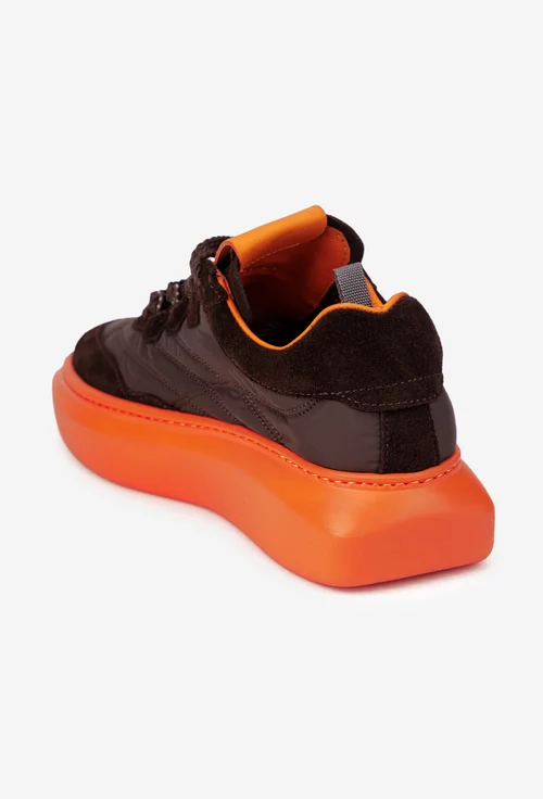 Pantofi dama NUR maro cu portocaliu din material textil si piele intoarsa