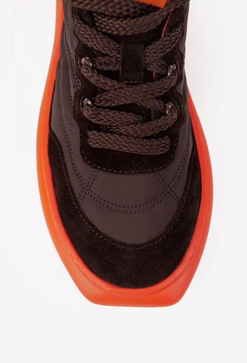 Pantofi dama NUR maro cu portocaliu din material textil si piele intoarsa