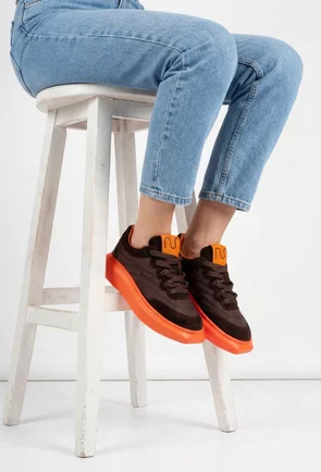 Pantofi dama NUR maro cu portocaliu din material textil si piele intoarsa
