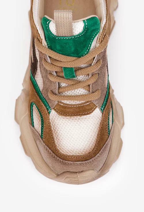 Pantofi dama NUR maro cu verde din material textil si piele intoarsa