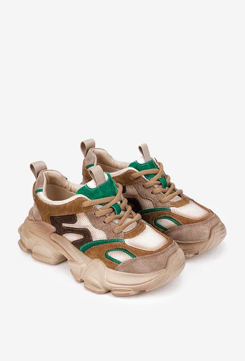 Pantofi dama NUR maro cu verde din material textil si piele intoarsa