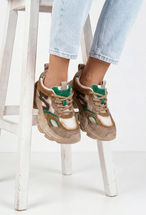 Pantofi dama NUR maro cu verde din material textil si piele intoarsa