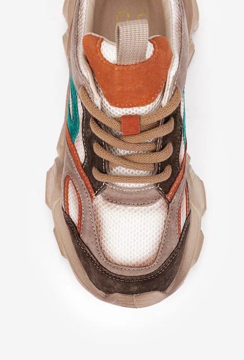 Pantofi dama NUR maro din material textil si piele intoarsa cu detalii colorate