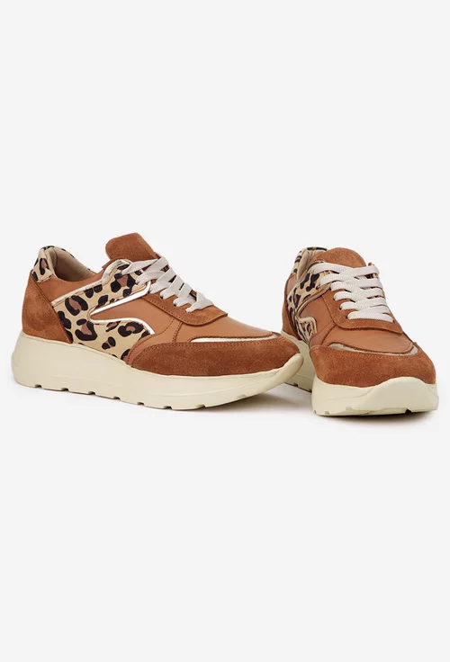 Pantofi dama NUR maro din piele cu detalii animal print