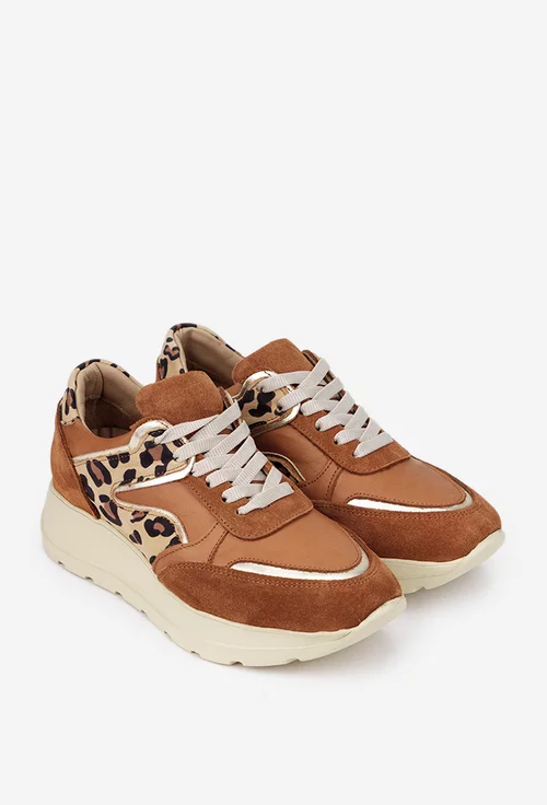 Pantofi dama NUR maro din piele cu detalii animal print