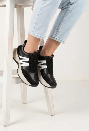 Pantofi dama NUR negri din piele cu detalii albe