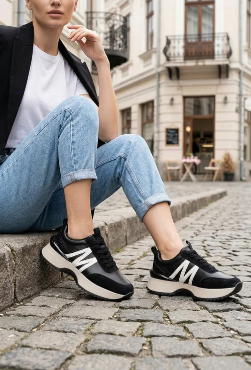 Pantofi dama NUR negri din piele cu detalii albe picture - 3