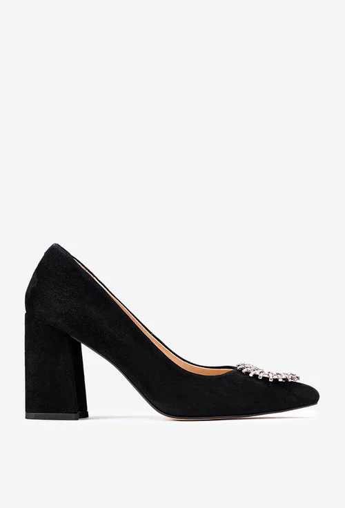 Pantofi dama NUR negri din piele intoarsa cu ornament