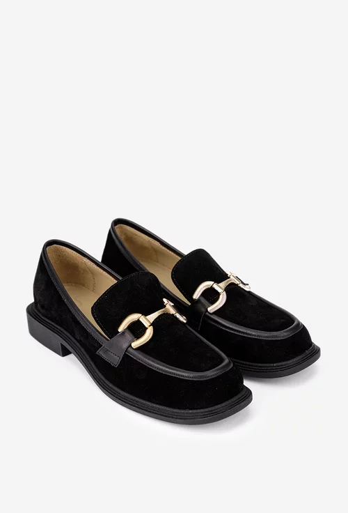 Pantofi dama NUR negri din piele intoarsa cu ornament