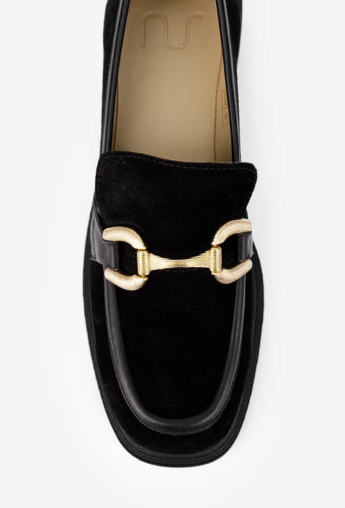Pantofi dama NUR negri din piele intoarsa cu ornament