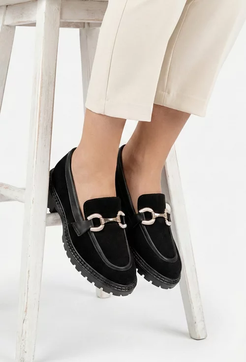 Pantofi dama NUR negri din piele intoarsa cu ornament picture - 3