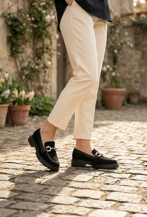 Pantofi dama NUR negri din piele intoarsa cu ornament picture - 2