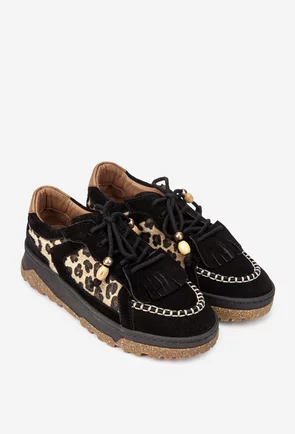 Pantofi dama NUR negri din piele intoarsa si animal print