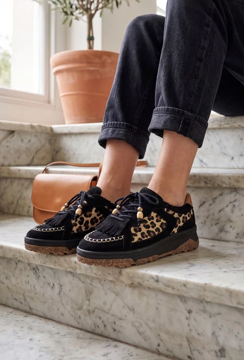 Pantofi dama NUR negri din piele intoarsa si animal print picture - 2