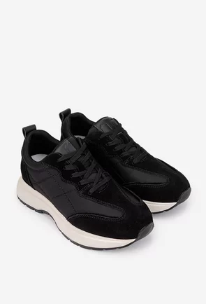 Pantofi dama NUR negri din piele intoarsa si material textil
