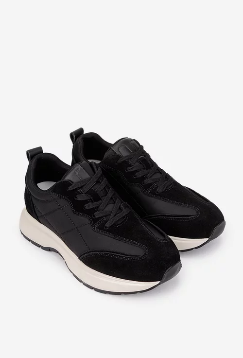 Pantofi dama NUR negri din piele intoarsa si material textil