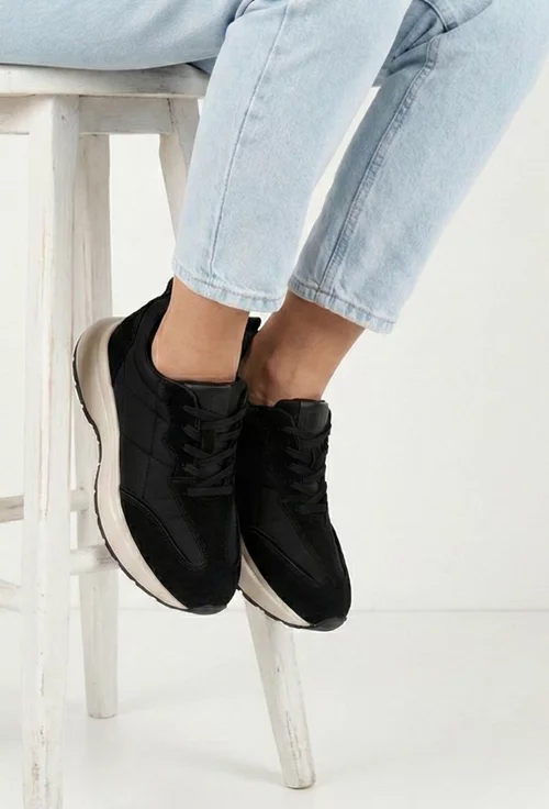 Pantofi dama NUR negri din piele intoarsa si material textil