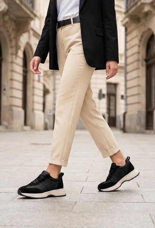 Pantofi dama NUR negri din piele intoarsa si material textil