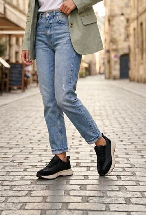 Pantofi dama NUR negri din piele intoarsa si material textil