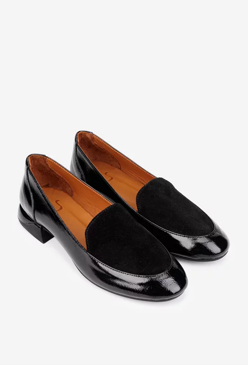 Pantofi dama NUR negri din piele lacuita cu insertii piele intoarsa