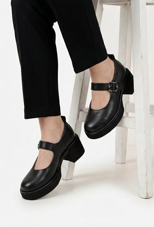 Pantofi dama NUR negri din piele naturala cu bareta