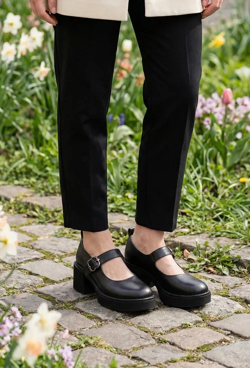 Pantofi dama NUR negri din piele naturala cu bareta