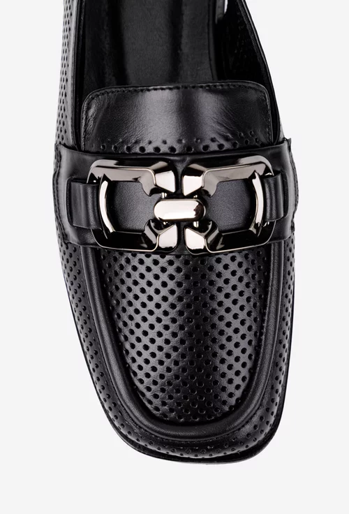 Pantofi dama NUR negri din piele naturala perforata cu ornament