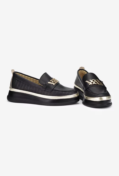 Pantofi dama NUR negri din piele perforata cu ornament