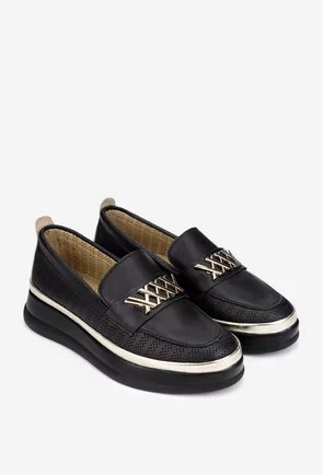 Pantofi dama NUR negri din piele perforata cu ornament