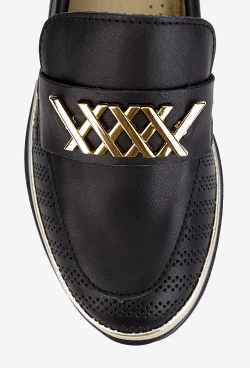 Pantofi dama NUR negri din piele perforata cu ornament
