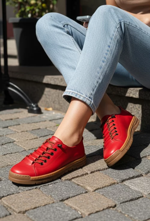 Pantofi dama NUR rosii cu detalii maro din piele