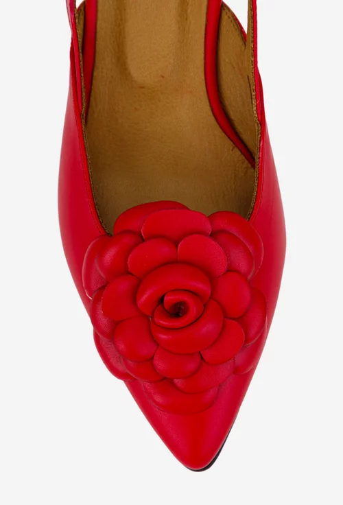 Pantofi dama NUR rosii din piele naturala cu floare
