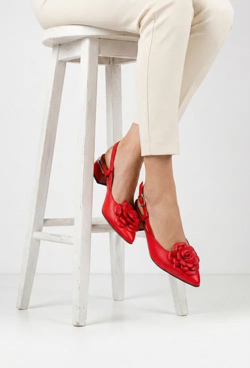 Pantofi dama NUR rosii din piele naturala cu floare