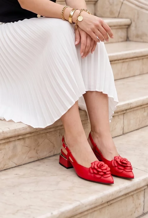 Pantofi dama NUR rosii din piele naturala cu floare picture - 2
