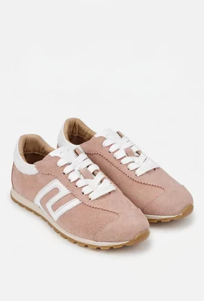 Pantofi dama NUR roz pudra cu alb din piele intoarsa