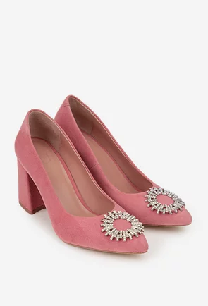 Pantofi dama NUR roz pudra din piele intoarsa cu ornament