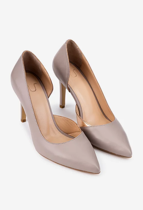 Pantofi dama NUR taupe cu auriu din piele naturala cu toc subtire